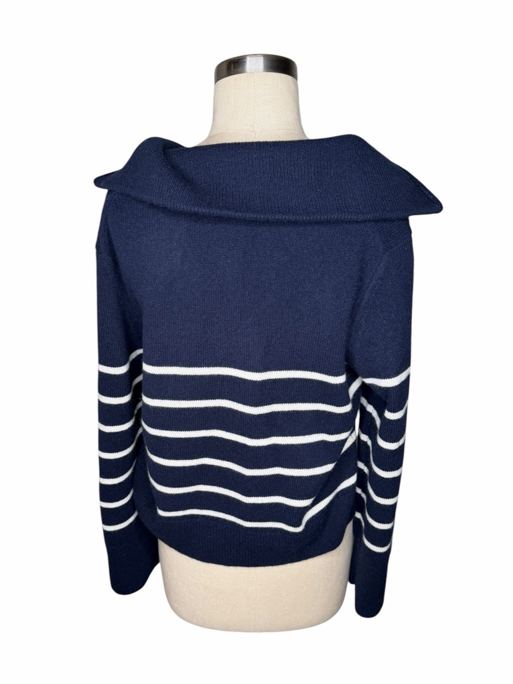 BANANA REPUBLIC Half Zip Cashmere Sweater Navy and White Zip-Up Striped Womens S - Picture 4 of 7